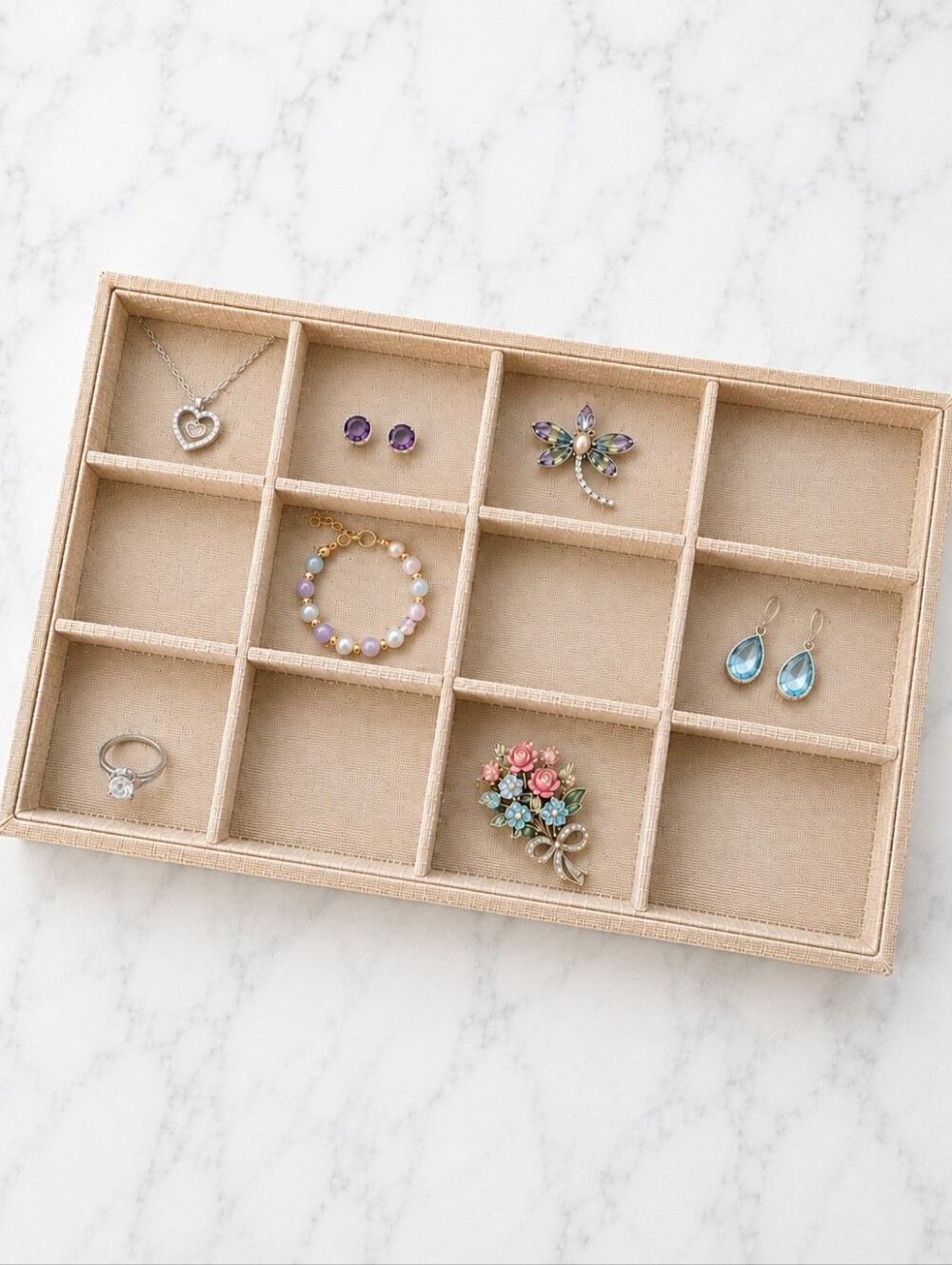 12 Compartment Burlap Linen Jewelry Organizer Display Storage Tray